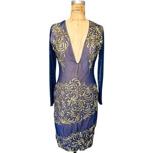 HOLT Maison De Luxe Hand Painting Navy & Gold Mini Embroidered Dress Size L